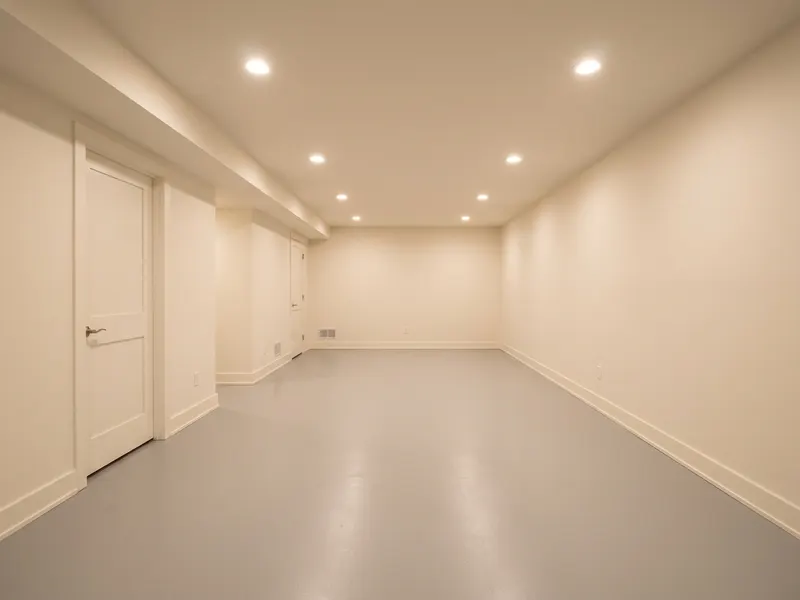 Finished basement concrete floor with a light solid-color coating and a satin sheen