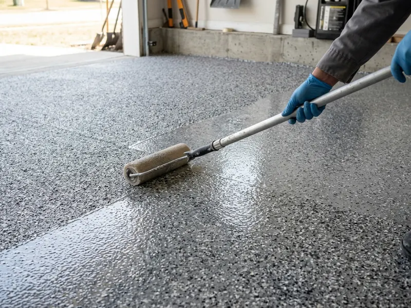 Polyaspartic topcoat being rolled over a flake broadcast on a residential garage slab